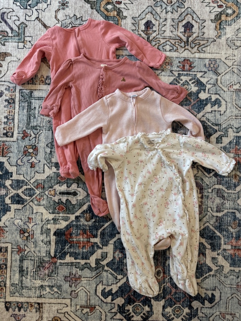 Baby Girls Ribbed and Floral Footed Pajama Bundle - Pink & Cream